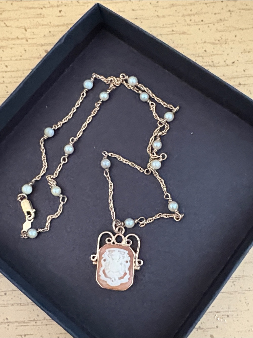 Vintage 14k Cameo Pendant Necklace with Pearl Bead Chain - Pink Cameo
